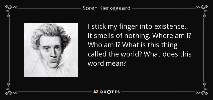 I stick my finger into existence.. it smells of nothing. Where am I? Who am I? What is this thing called the world? What does this word mean? - Soren Kierkegaard