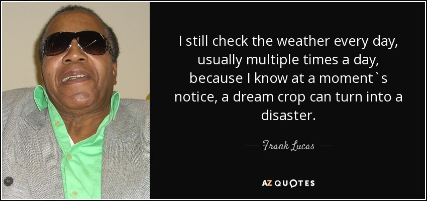 I still check the weather every day, usually multiple times a day, because I know at a moment`s notice, a dream crop can turn into a disaster. - Frank Lucas