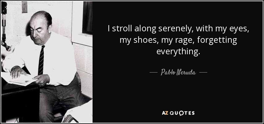 I stroll along serenely, with my eyes, my shoes, my rage, forgetting everything. - Pablo Neruda