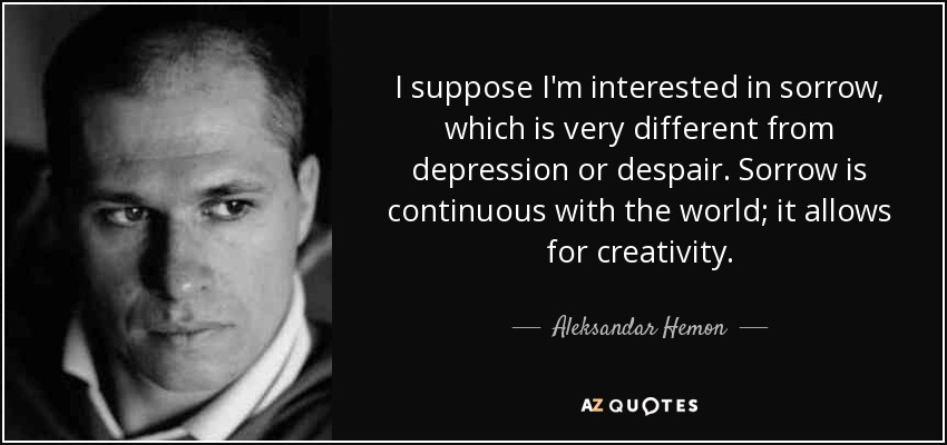 I suppose I'm interested in sorrow, which is very different from depression or despair. Sorrow is continuous with the world; it allows for creativity. - Aleksandar Hemon