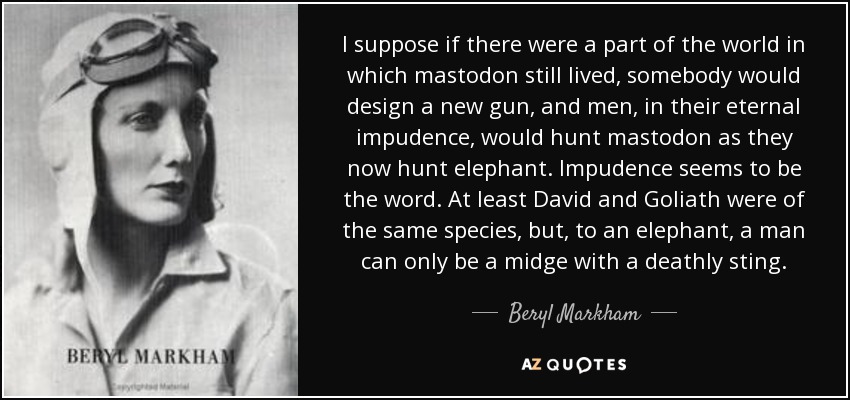 I suppose if there were a part of the world in which mastodon still lived, somebody would design a new gun, and men, in their eternal impudence, would hunt mastodon as they now hunt elephant. Impudence seems to be the word. At least David and Goliath were of the same species, but, to an elephant, a man can only be a midge with a deathly sting. - Beryl Markham