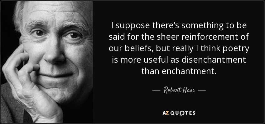 I suppose there's something to be said for the sheer reinforcement of our beliefs, but really I think poetry is more useful as disenchantment than enchantment. - Robert Hass