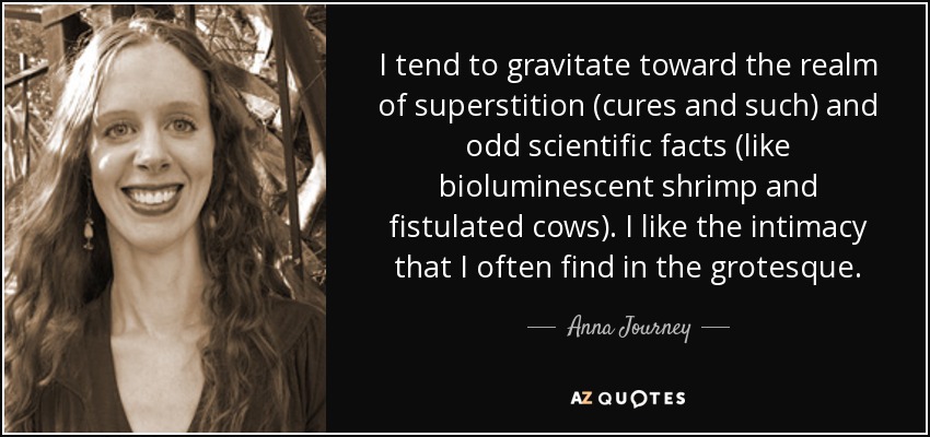 I tend to gravitate toward the realm of superstition (cures and such) and odd scientific facts (like bioluminescent shrimp and fistulated cows). I like the intimacy that I often find in the grotesque. - Anna Journey