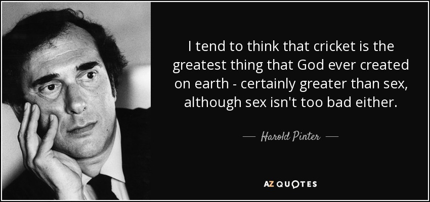 I tend to think that cricket is the greatest thing that God ever created on earth - certainly greater than sex, although sex isn't too bad either. - Harold Pinter