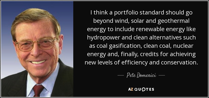 I think a portfolio standard should go beyond wind, solar and geothermal energy to include renewable energy like hydropower and clean alternatives such as coal gasification, clean coal, nuclear energy and, finally, credits for achieving new levels of efficiency and conservation. - Pete Domenici