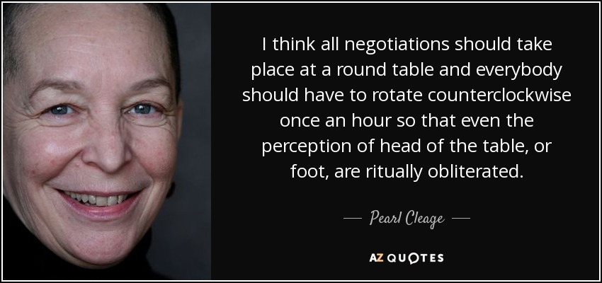 I think all negotiations should take place at a round table and everybody should have to rotate counterclockwise once an hour so that even the perception of head of the table, or foot, are ritually obliterated. - Pearl Cleage