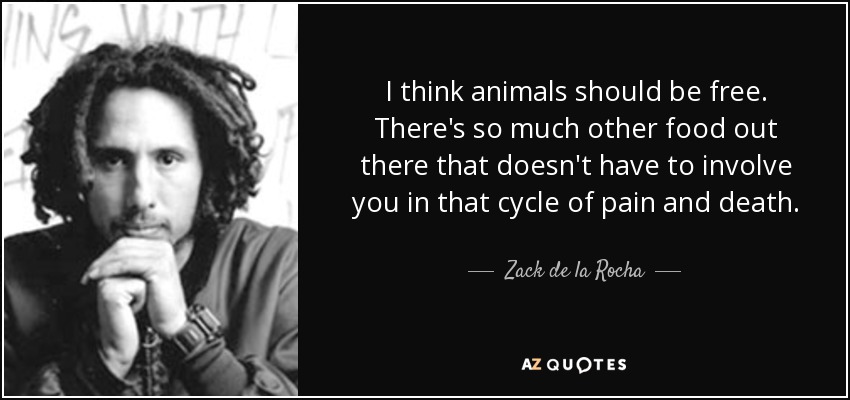 I think animals should be free. There's so much other food out there that doesn't have to involve you in that cycle of pain and death. - Zack de la Rocha