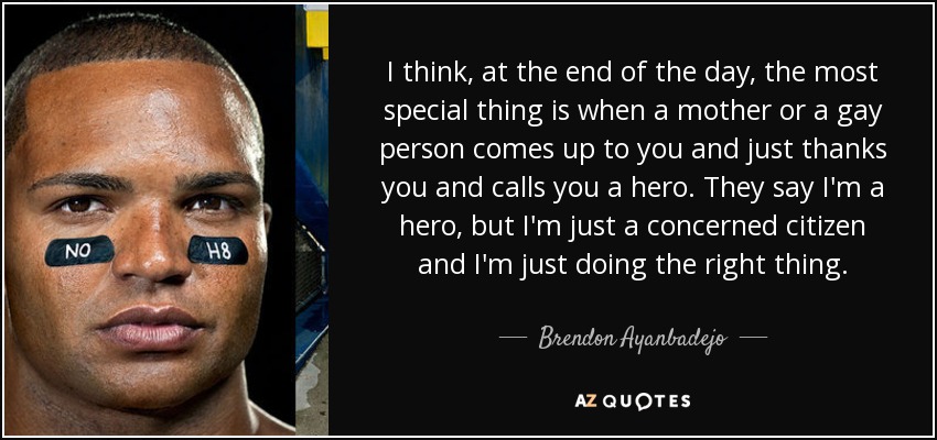 I think, at the end of the day, the most special thing is when a mother or a gay person comes up to you and just thanks you and calls you a hero. They say I'm a hero, but I'm just a concerned citizen and I'm just doing the right thing. - Brendon Ayanbadejo