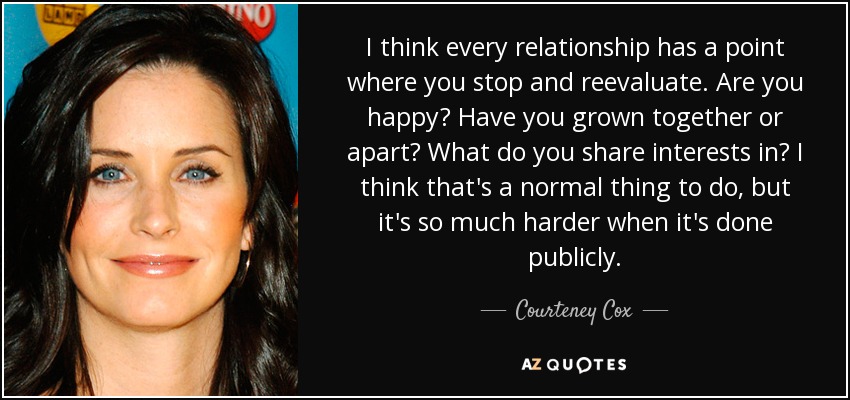 I think every relationship has a point where you stop and reevaluate. Are you happy? Have you grown together or apart? What do you share interests in? I think that's a normal thing to do, but it's so much harder when it's done publicly. - Courteney Cox