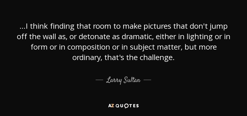 ...I think finding that room to make pictures that don't jump off the wall as, or detonate as dramatic, either in lighting or in form or in composition or in subject matter, but more ordinary, that's the challenge. - Larry Sultan