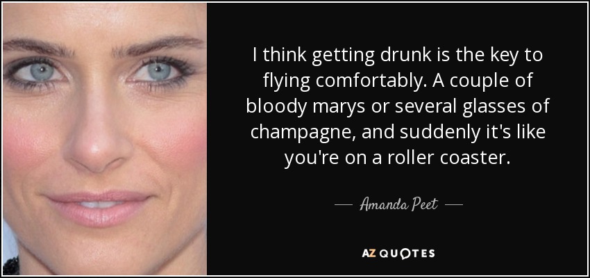 I think getting drunk is the key to flying comfortably. A couple of bloody marys or several glasses of champagne, and suddenly it's like you're on a roller coaster. - Amanda Peet