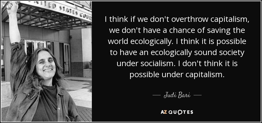 I think if we don't overthrow capitalism, we don't have a chance of saving the world ecologically. I think it is possible to have an ecologically sound society under socialism. I don't think it is possible under capitalism. - Judi Bari