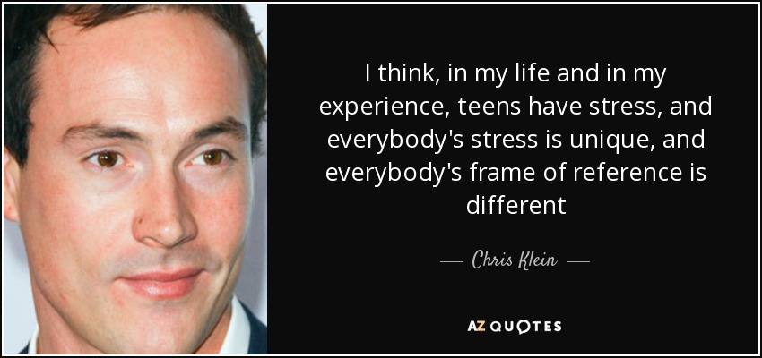 I think, in my life and in my experience, teens have stress, and everybody's stress is unique, and everybody's frame of reference is different - Chris Klein