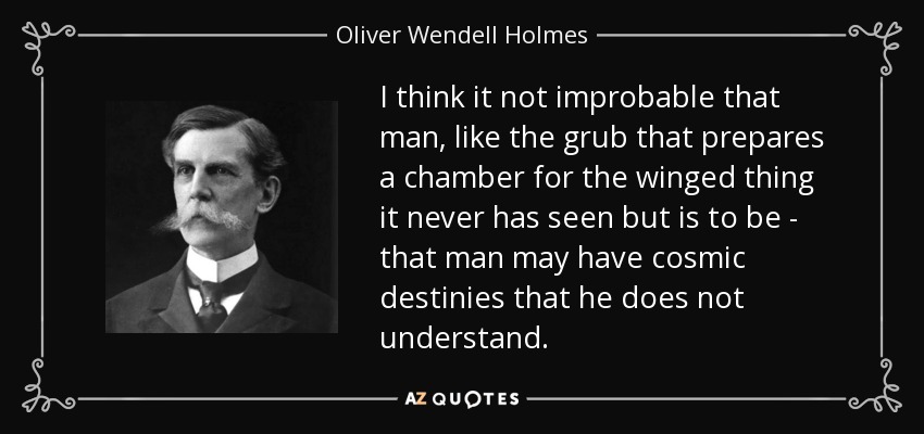 I think it not improbable that man, like the grub that prepares a chamber for the winged thing it never has seen but is to be - that man may have cosmic destinies that he does not understand. - Oliver Wendell Holmes, Jr.