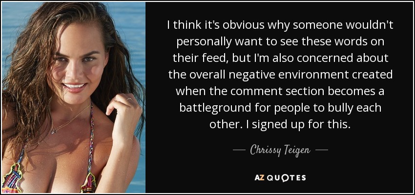 I think it's obvious why someone wouldn't personally want to see these words on their feed, but I'm also concerned about the overall negative environment created when the comment section becomes a battleground for people to bully each other. I signed up for this. - Chrissy Teigen