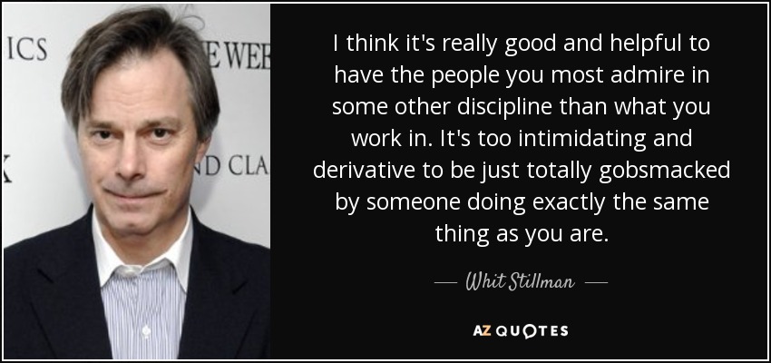 I think it's really good and helpful to have the people you most admire in some other discipline than what you work in. It's too intimidating and derivative to be just totally gobsmacked by someone doing exactly the same thing as you are. - Whit Stillman