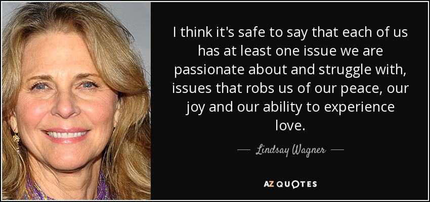 I think it's safe to say that each of us has at least one issue we are passionate about and struggle with, issues that robs us of our peace, our joy and our ability to experience love. - Lindsay Wagner