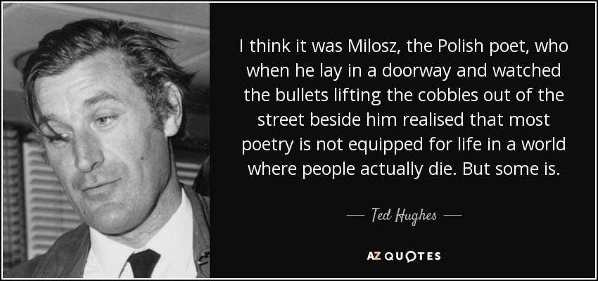 I think it was Milosz, the Polish poet, who when he lay in a doorway and watched the bullets lifting the cobbles out of the street beside him realised that most poetry is not equipped for life in a world where people actually die. But some is. - Ted Hughes