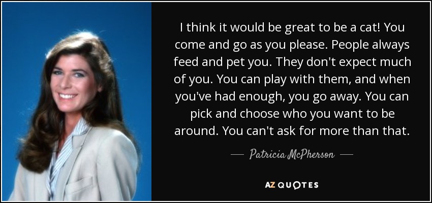 I think it would be great to be a cat! You come and go as you please. People always feed and pet you. They don't expect much of you. You can play with them, and when you've had enough, you go away. You can pick and choose who you want to be around. You can't ask for more than that. - Patricia McPherson