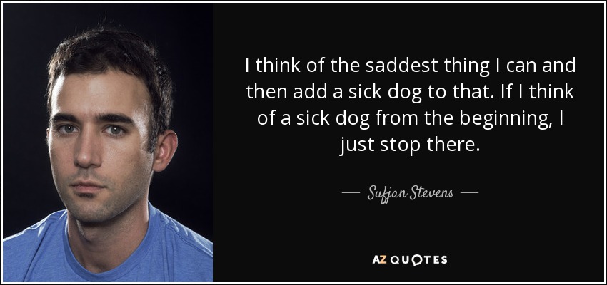 I think of the saddest thing I can and then add a sick dog to that. If I think of a sick dog from the beginning, I just stop there. - Sufjan Stevens