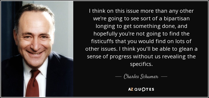 I think on this issue more than any other we're going to see sort of a bipartisan longing to get something done, and hopefully you're not going to find the fisticuffs that you would find on lots of other issues. I think you'll be able to glean a sense of progress without us revealing the specifics. - Charles Schumer