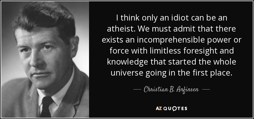 I think only an idiot can be an atheist. We must admit that there exists an incomprehensible power or force with limitless foresight and knowledge that started the whole universe going in the first place. - Christian B. Anfinsen