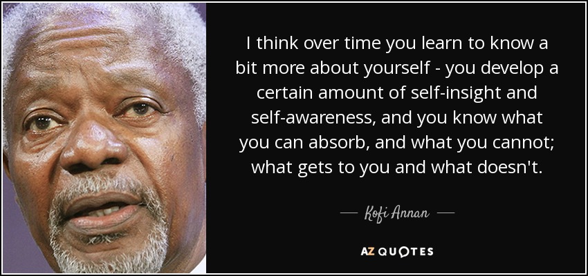 I think over time you learn to know a bit more about yourself - you develop a certain amount of self-insight and self-awareness, and you know what you can absorb, and what you cannot; what gets to you and what doesn't. - Kofi Annan