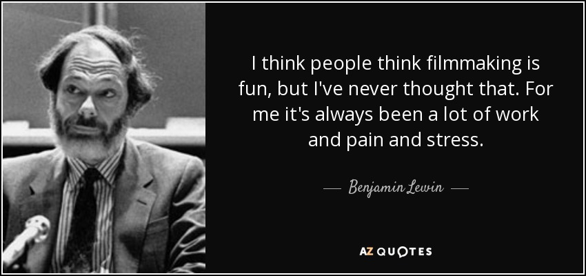 I think people think filmmaking is fun, but I've never thought that. For me it's always been a lot of work and pain and stress. - Benjamin Lewin