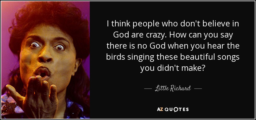 I think people who don't believe in God are crazy. How can you say there is no God when you hear the birds singing these beautiful songs you didn't make? - Little Richard