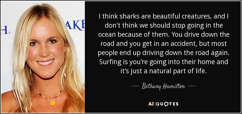 I think sharks are beautiful creatures, and I don't think we should stop going in the ocean because of them. You drive down the road and you get in an accident, but most people end up driving down the road again. Surfing is you're going into their home and it's just a natural part of life. - Bethany Hamilton