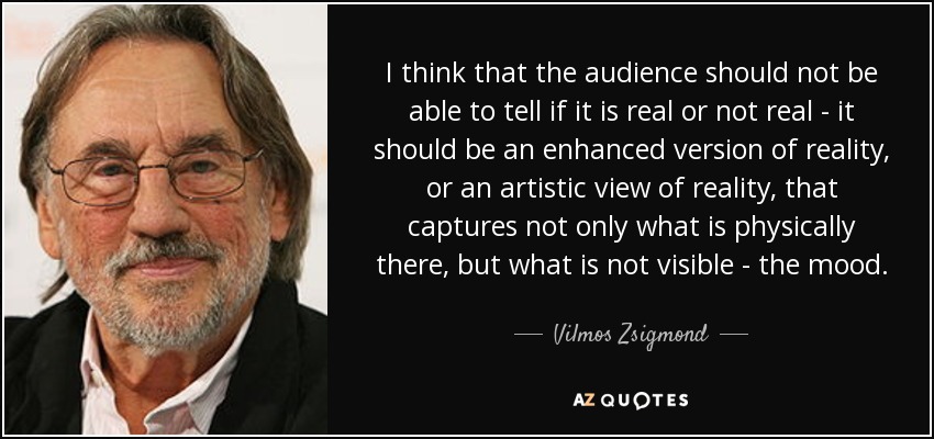 I think that the audience should not be able to tell if it is real or not real - it should be an enhanced version of reality, or an artistic view of reality, that captures not only what is physically there, but what is not visible - the mood. - Vilmos Zsigmond