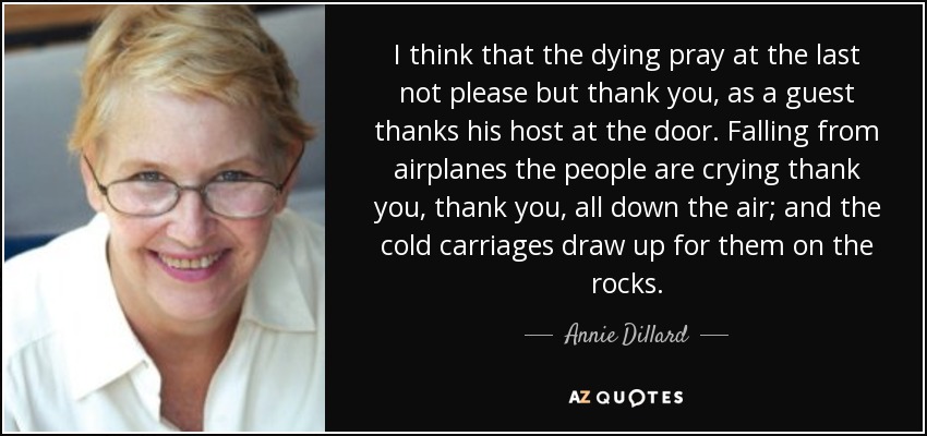 I think that the dying pray at the last not please but thank you, as a guest thanks his host at the door. Falling from airplanes the people are crying thank you, thank you, all down the air; and the cold carriages draw up for them on the rocks. - Annie Dillard