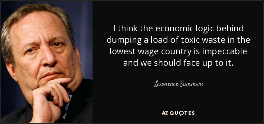 I think the economic logic behind dumping a load of toxic waste in the lowest wage country is impeccable and we should face up to it. - Lawrence Summers