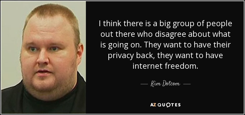 I think there is a big group of people out there who disagree about what is going on. They want to have their privacy back, they want to have internet freedom. - Kim Dotcom