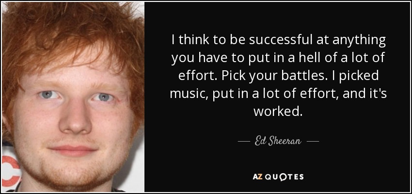 I think to be successful at anything you have to put in a hell of a lot of effort. Pick your battles. I picked music, put in a lot of effort, and it's worked. - Ed Sheeran