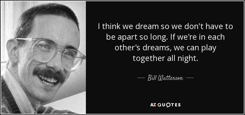 I think we dream so we don't have to be apart so long. If we're in each other's dreams, we can play together all night. - Bill Watterson