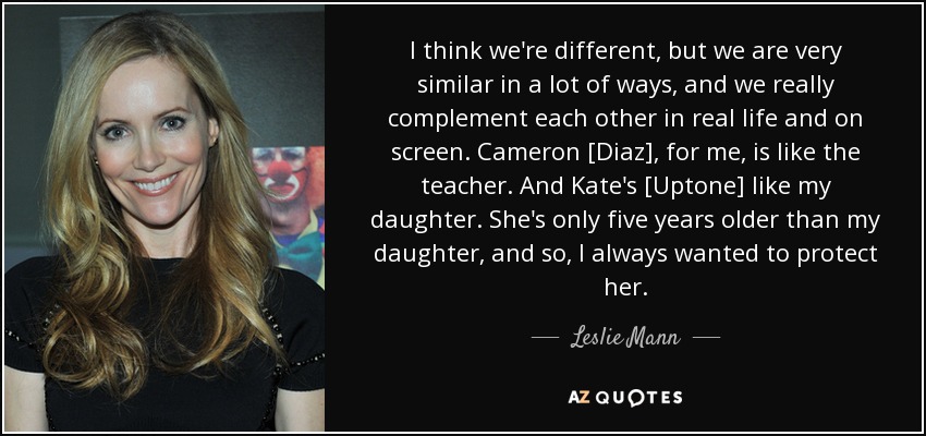I think we're different, but we are very similar in a lot of ways, and we really complement each other in real life and on screen. Cameron [Diaz], for me, is like the teacher. And Kate's [Uptone] like my daughter. She's only five years older than my daughter, and so, I always wanted to protect her. - Leslie Mann