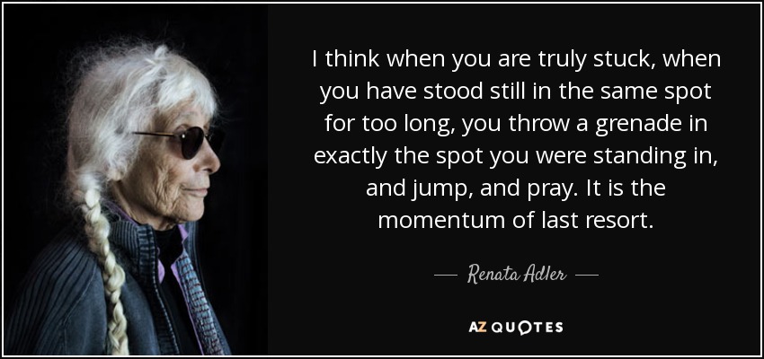 I think when you are truly stuck, when you have stood still in the same spot for too long, you throw a grenade in exactly the spot you were standing in, and jump, and pray. It is the momentum of last resort. - Renata Adler