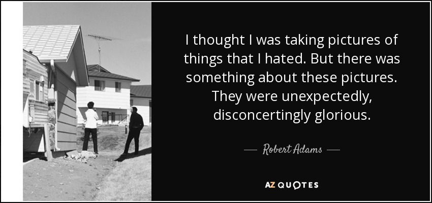 I thought I was taking pictures of things that I hated. But there was something about these pictures. They were unexpectedly, disconcertingly glorious. - Robert Adams