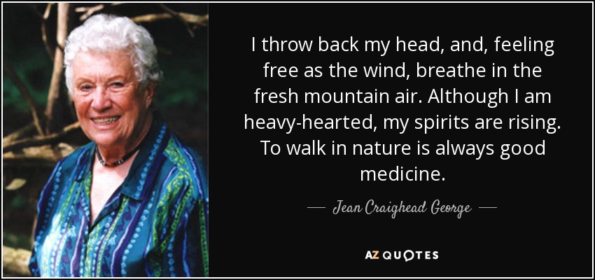 I throw back my head, and, feeling free as the wind, breathe in the fresh mountain air. Although I am heavy-hearted, my spirits are rising. To walk in nature is always good medicine. - Jean Craighead George