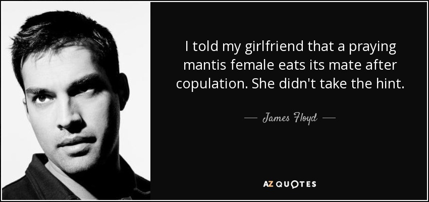 I told my girlfriend that a praying mantis female eats its mate after copulation. She didn't take the hint. - James Floyd