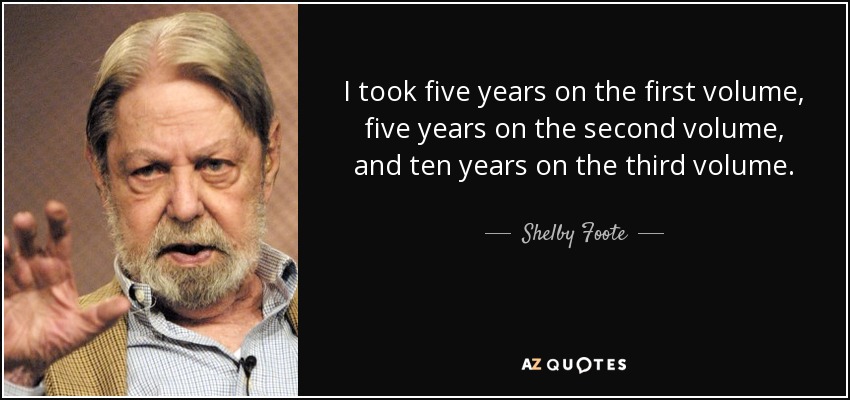 I took five years on the first volume, five years on the second volume, and ten years on the third volume. - Shelby Foote