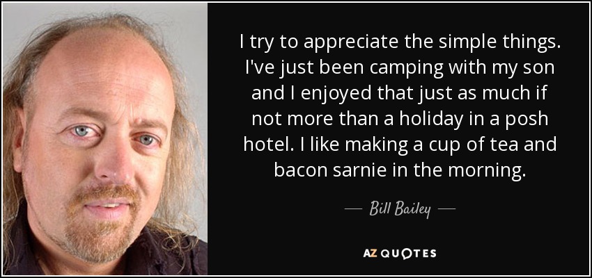 I try to appreciate the simple things. I've just been camping with my son and I enjoyed that just as much if not more than a holiday in a posh hotel. I like making a cup of tea and bacon sarnie in the morning. - Bill Bailey