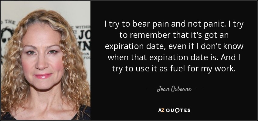 I try to bear pain and not panic. I try to remember that it's got an expiration date, even if I don't know when that expiration date is. And I try to use it as fuel for my work. - Joan Osborne