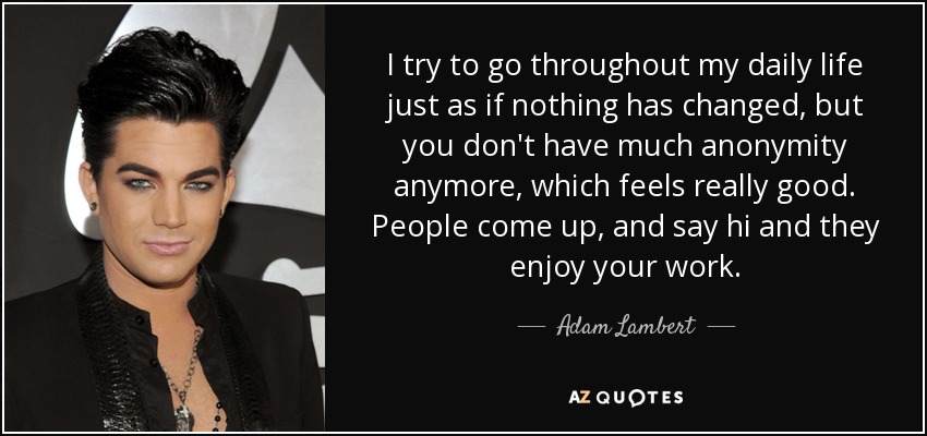 I try to go throughout my daily life just as if nothing has changed, but you don't have much anonymity anymore, which feels really good. People come up, and say hi and they enjoy your work. - Adam Lambert