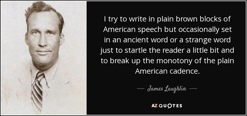 I try to write in plain brown blocks of American speech but occasionally set in an ancient word or a strange word just to startle the reader a little bit and to break up the monotony of the plain American cadence. - James Laughlin