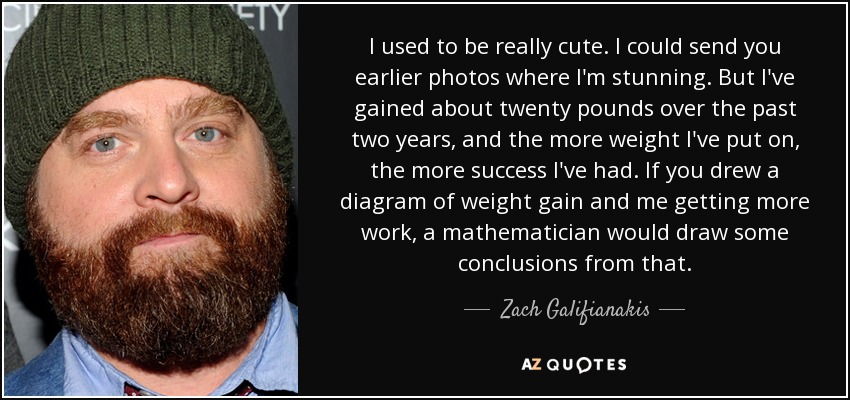 I used to be really cute. I could send you earlier photos where I'm stunning. But I've gained about twenty pounds over the past two years, and the more weight I've put on, the more success I've had. If you drew a diagram of weight gain and me getting more work, a mathematician would draw some conclusions from that. - Zach Galifianakis