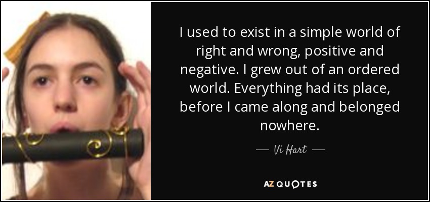 I used to exist in a simple world of right and wrong, positive and negative. I grew out of an ordered world. Everything had its place, before I came along and belonged nowhere. - Vi Hart