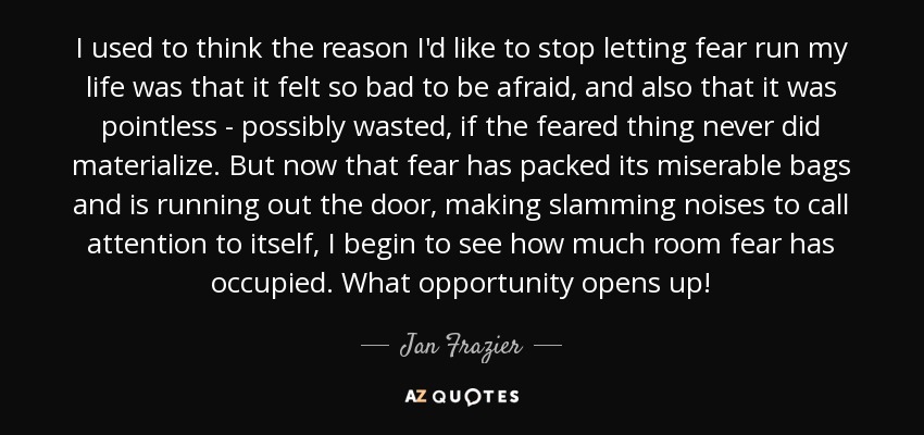 I used to think the reason I'd like to stop letting fear run my life was that it felt so bad to be afraid, and also that it was pointless - possibly wasted, if the feared thing never did materialize. But now that fear has packed its miserable bags and is running out the door, making slamming noises to call attention to itself, I begin to see how much room fear has occupied. What opportunity opens up! - Jan Frazier