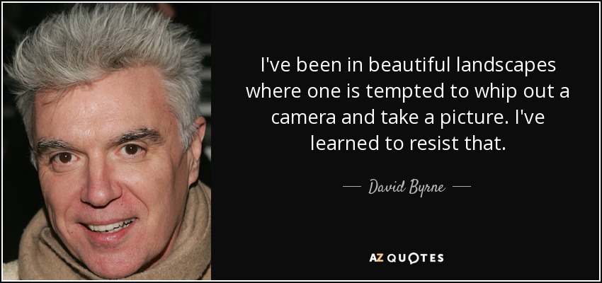 I've been in beautiful landscapes where one is tempted to whip out a camera and take a picture. I've learned to resist that. - David Byrne